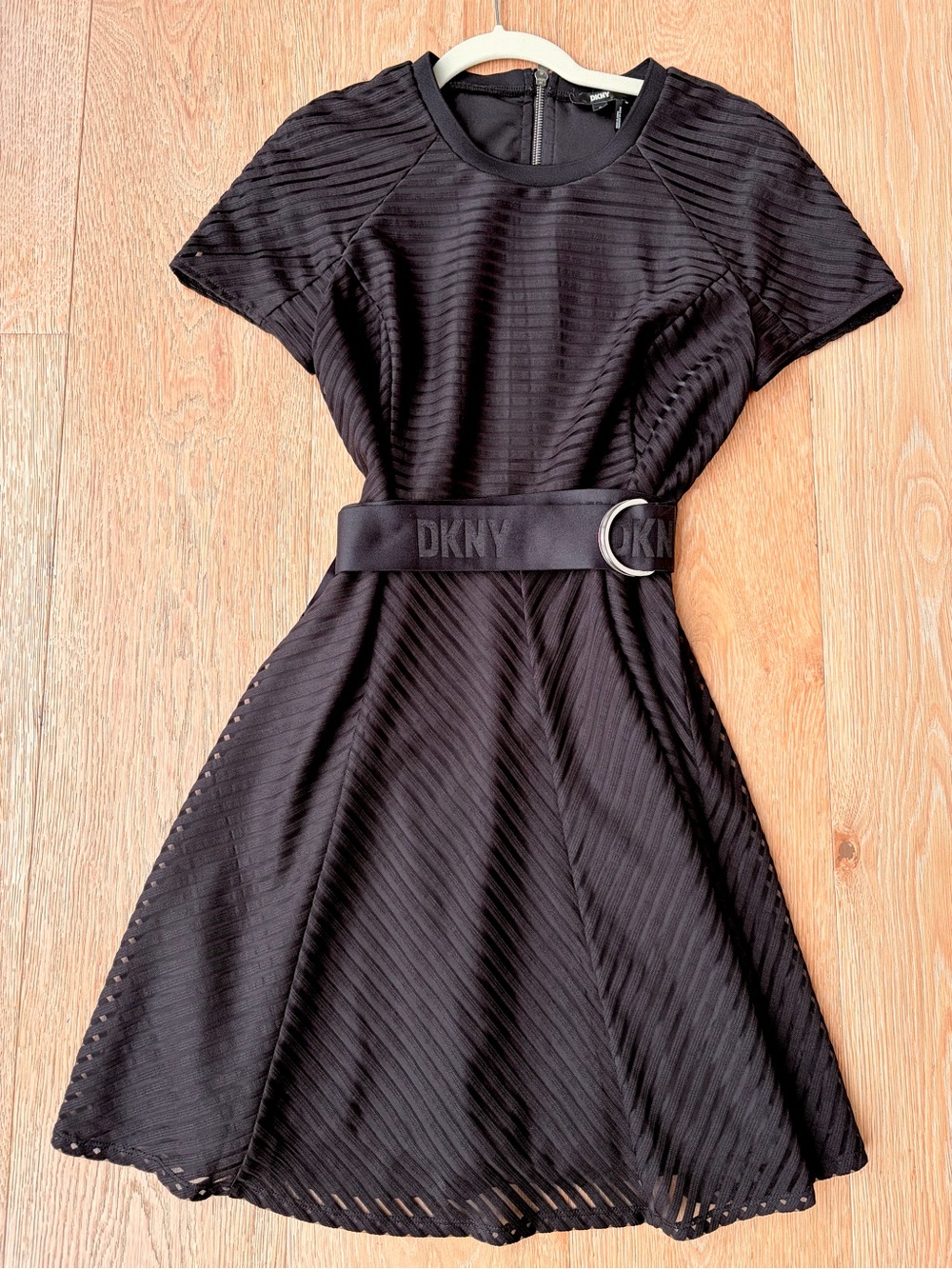 DKNY Black Textured Stripe Fit and Flare Dress with Logo Belt, Medium